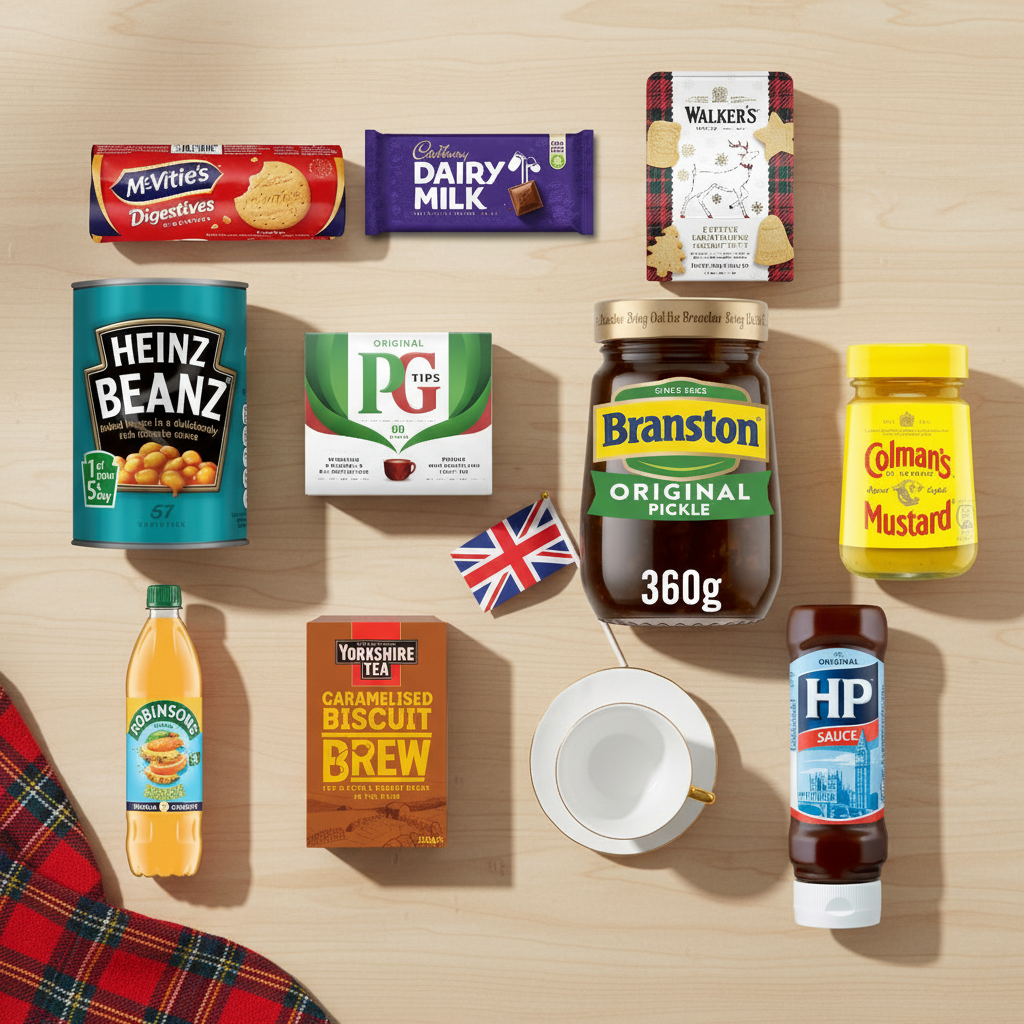 British food supplies including Heinz Beanz, PG Tips, Branston Pickle, and HP Sauce on wooden table