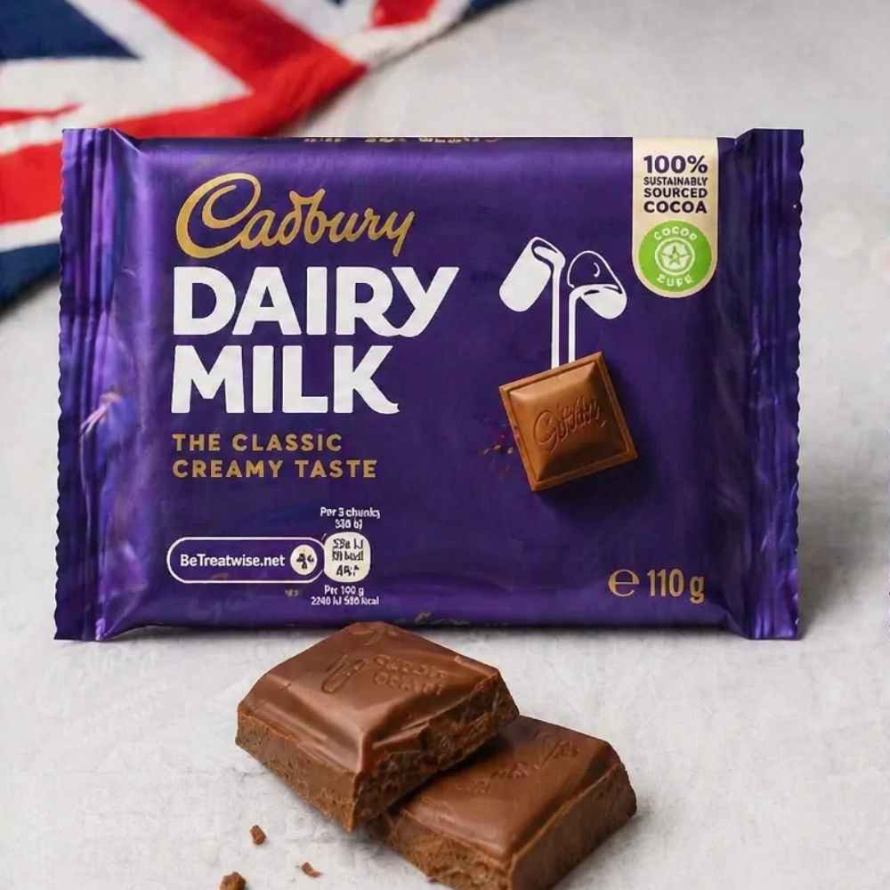 Cadbury Dairy Milk chocolate bar with creamy taste, 110g, sustainably sourced cocoa, British food favorite