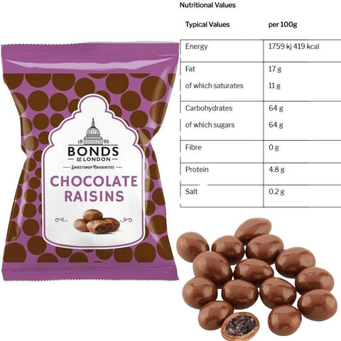 Bonds of London Chocolate Raisins Bags 75g - British Food Supplies