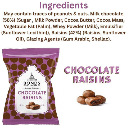 Bonds of London Chocolate Raisins Bags 75g - British Food Supplies