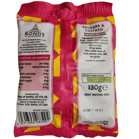 Bonds of London Rhubarb & Custard Sweets Bags 130g - British Food Supplies