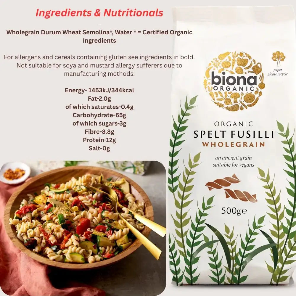 Biona Organic Spelt Fusilli Wholegrain Pasta 500g