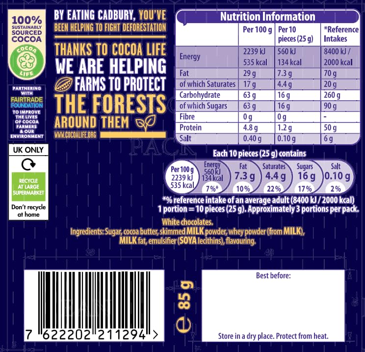 C'bury White Buttons Chocolate Bag 85g