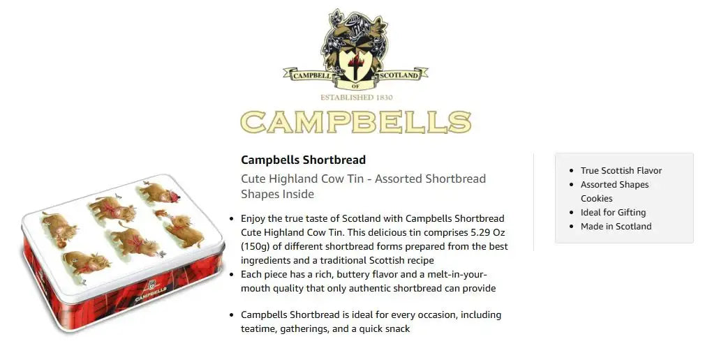 Campbells Shortbread Cute Highland Cow Tin Assorted Shapes 150g