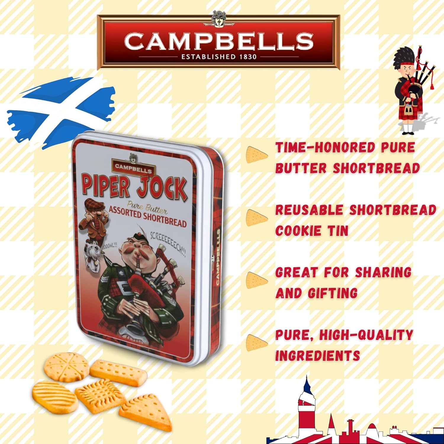 Campbells Shortbread Piper Jock Tin Assorted Shapes 150g