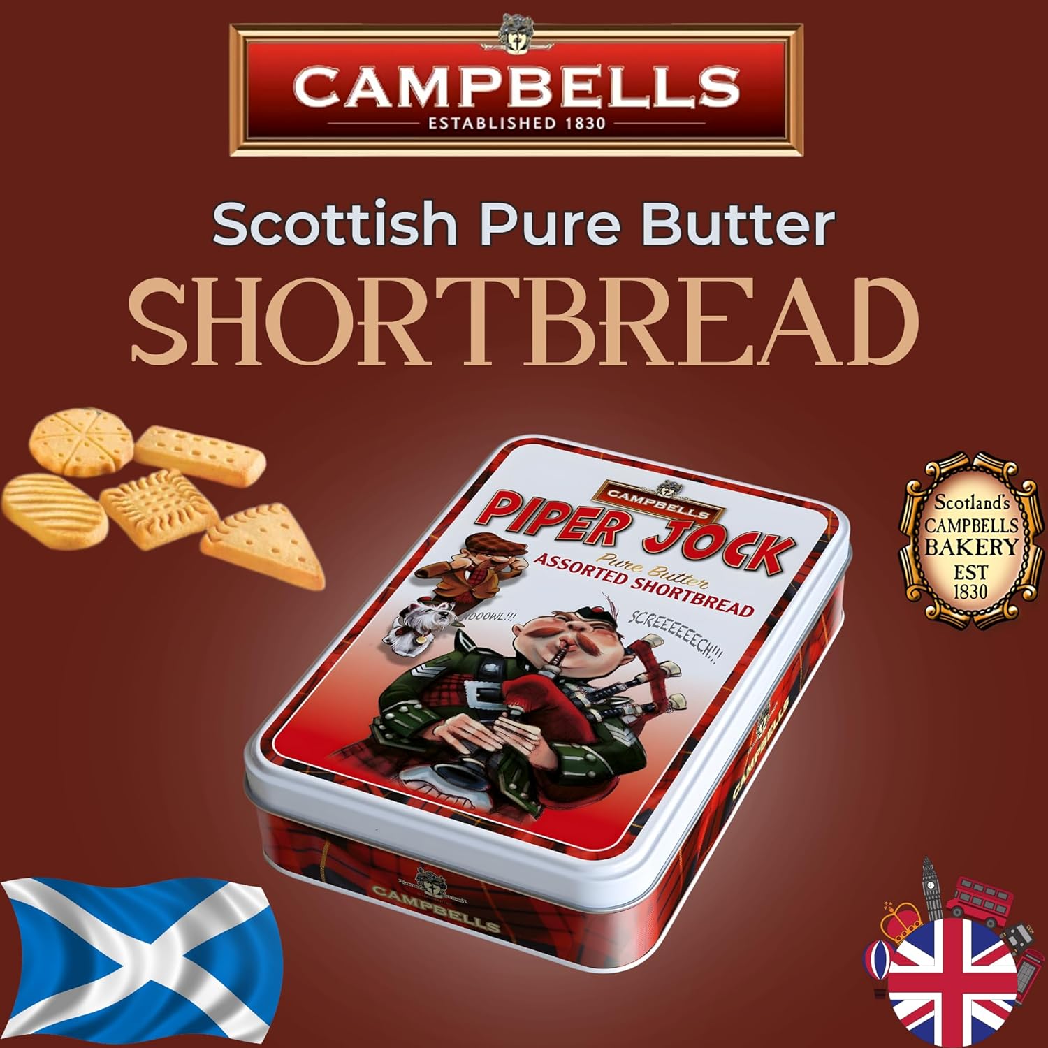 Campbells Shortbread Piper Jock Tin Assorted Shapes 150g