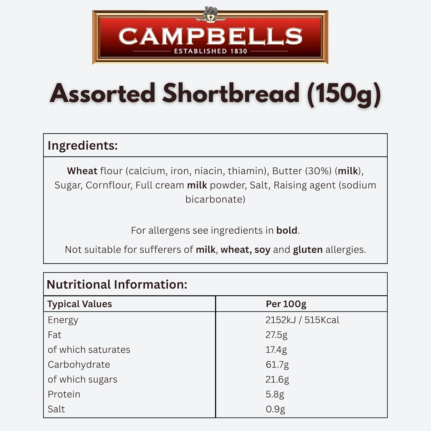 Campbells Shortbread Piper Jock Tin Assorted Shapes 150g