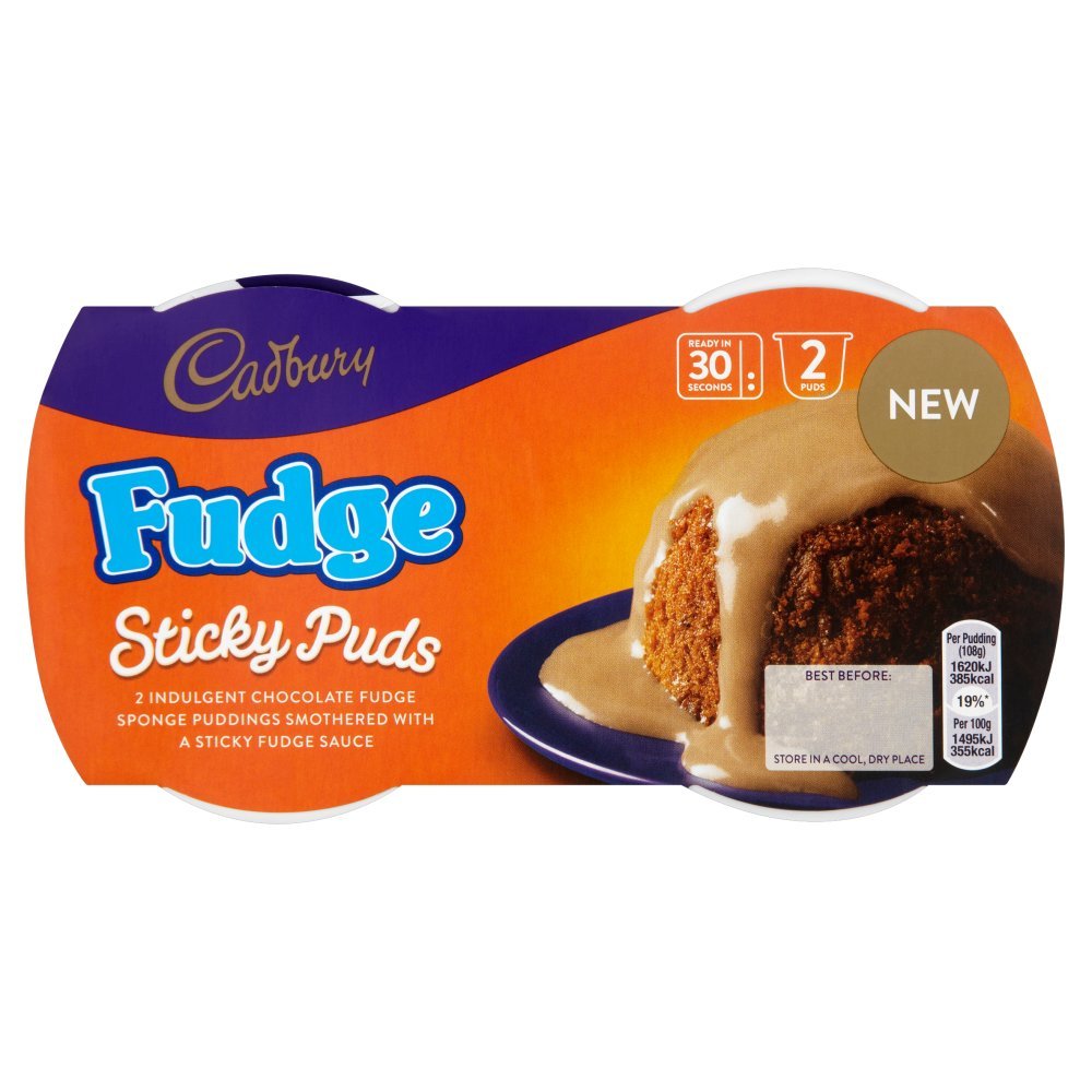 Cadbury Fudge Sticky Puds 2 x 95g – indulgent British steamed puddings with rich fudge flavour.