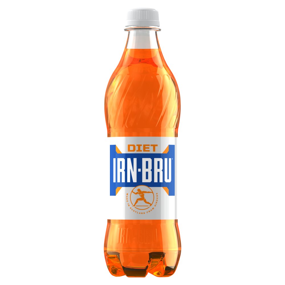 Bottle of Irn-Bru Diet carbonated soft drink, 500ml.
