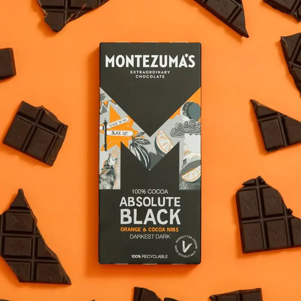 Montezuma's Absolute Black Dark Chocolate with Orange & Cocoa Nibs 90g Bar