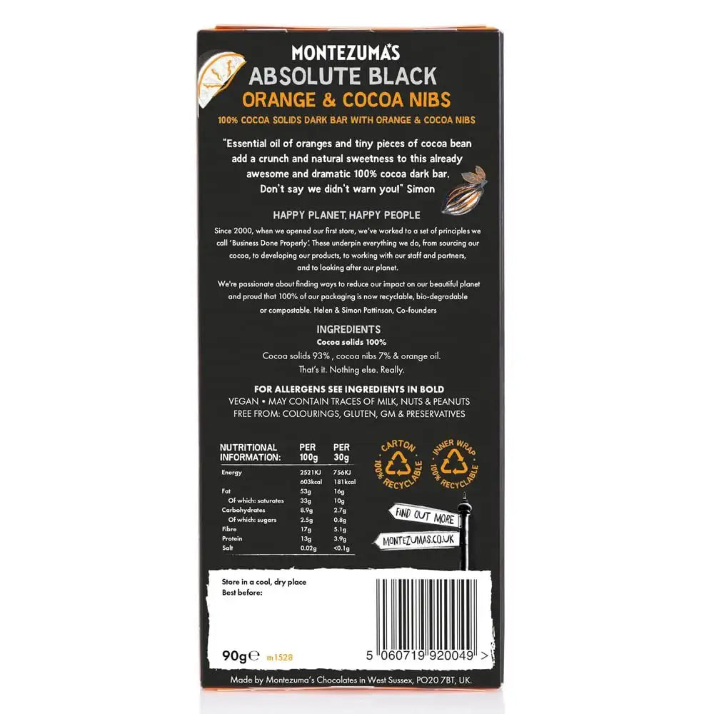 Montezuma's Absolute Black Dark Chocolate with Orange & Cocoa Nibs 90g Bar