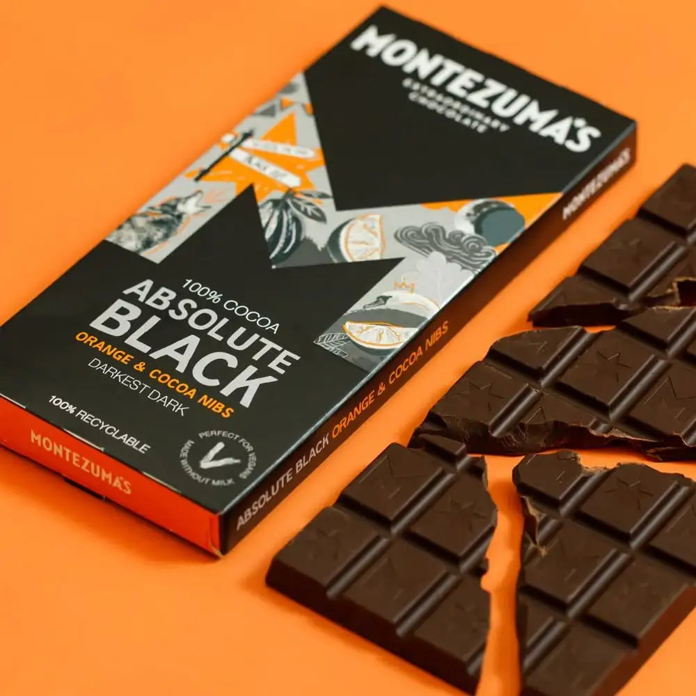 Montezuma's Absolute Black Dark Chocolate with Orange & Cocoa Nibs 90g Bar