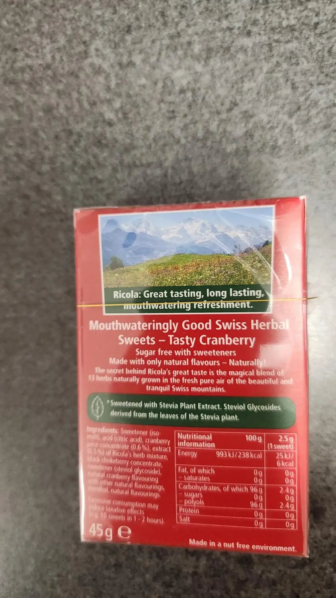 Ricola Tasty Cranberry with Vitamin C - Sugar Free Swiss Herbal Sweets 45g