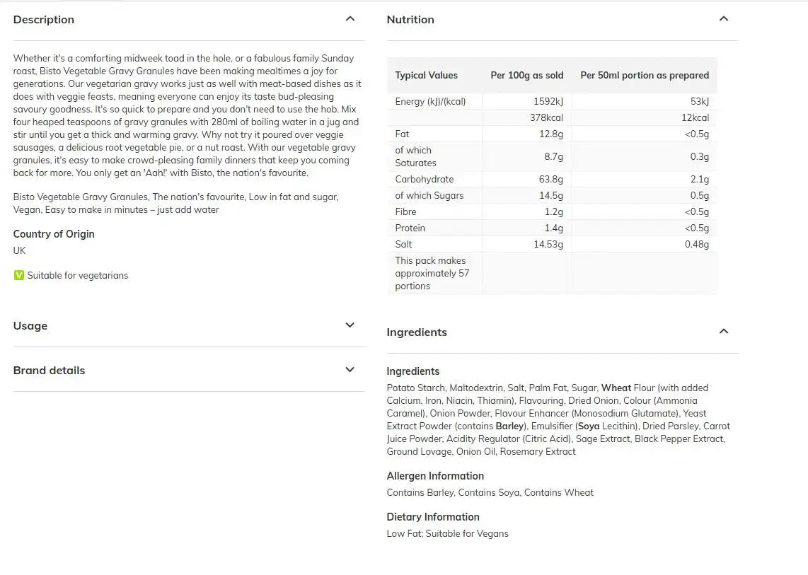 Bisto Vegetable Gravy Granules 190g