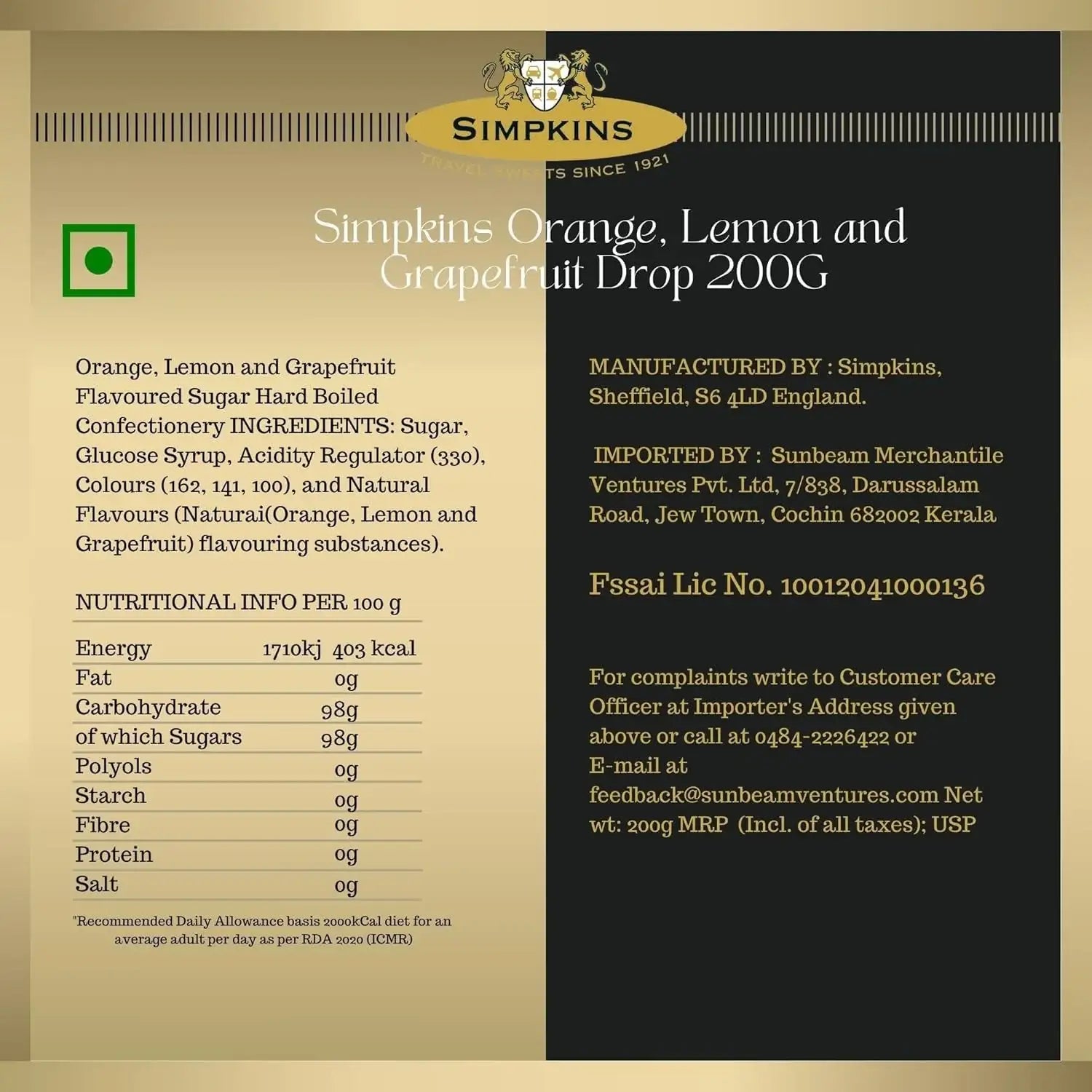 Simpkins Travel Sweet, Orange Lemon & Grapefruit Drops, 200g