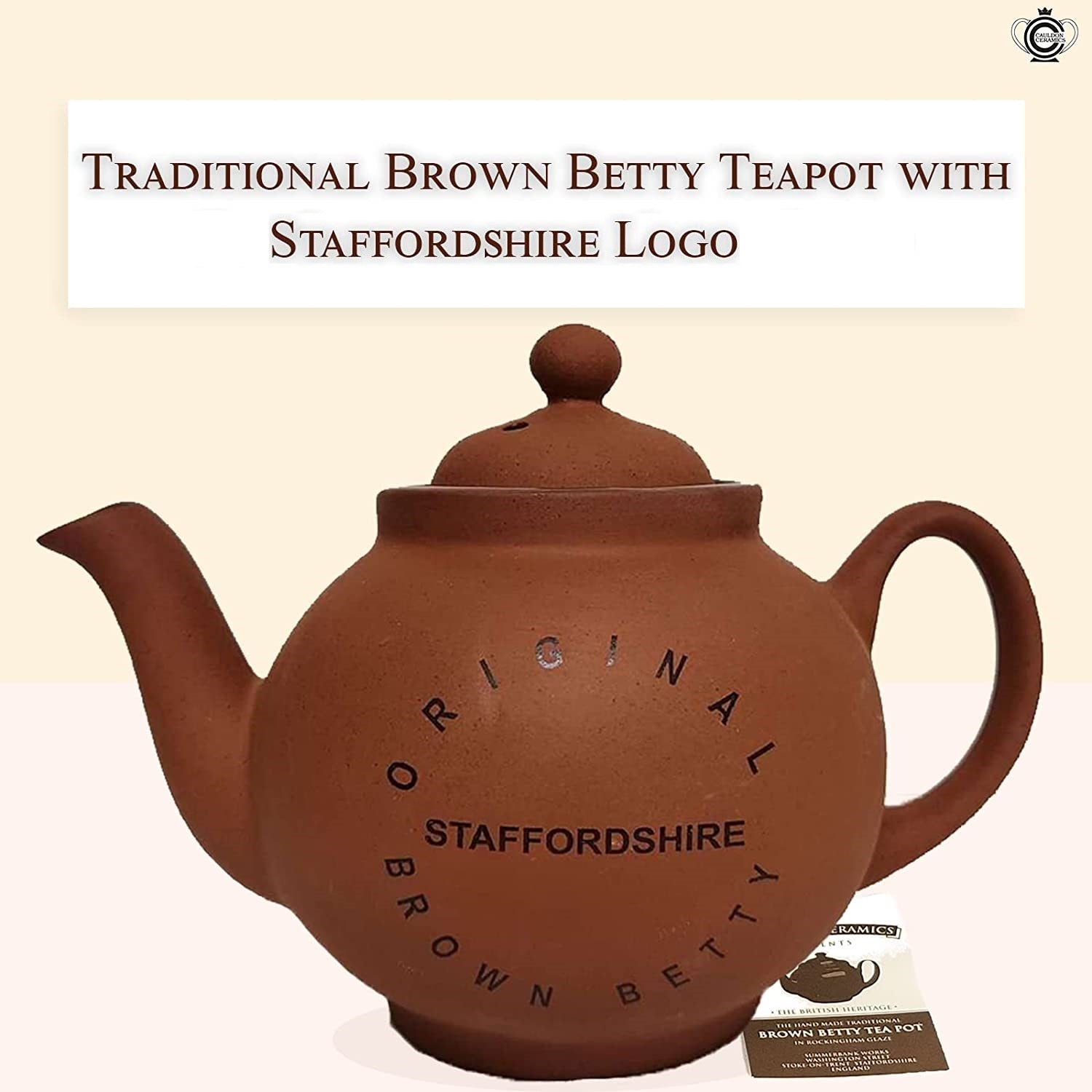 Cauldon Ceramics Traditional Handmade 2 Cup Terracotta Teapot with Logo | Made with Staffordshire Red Clay