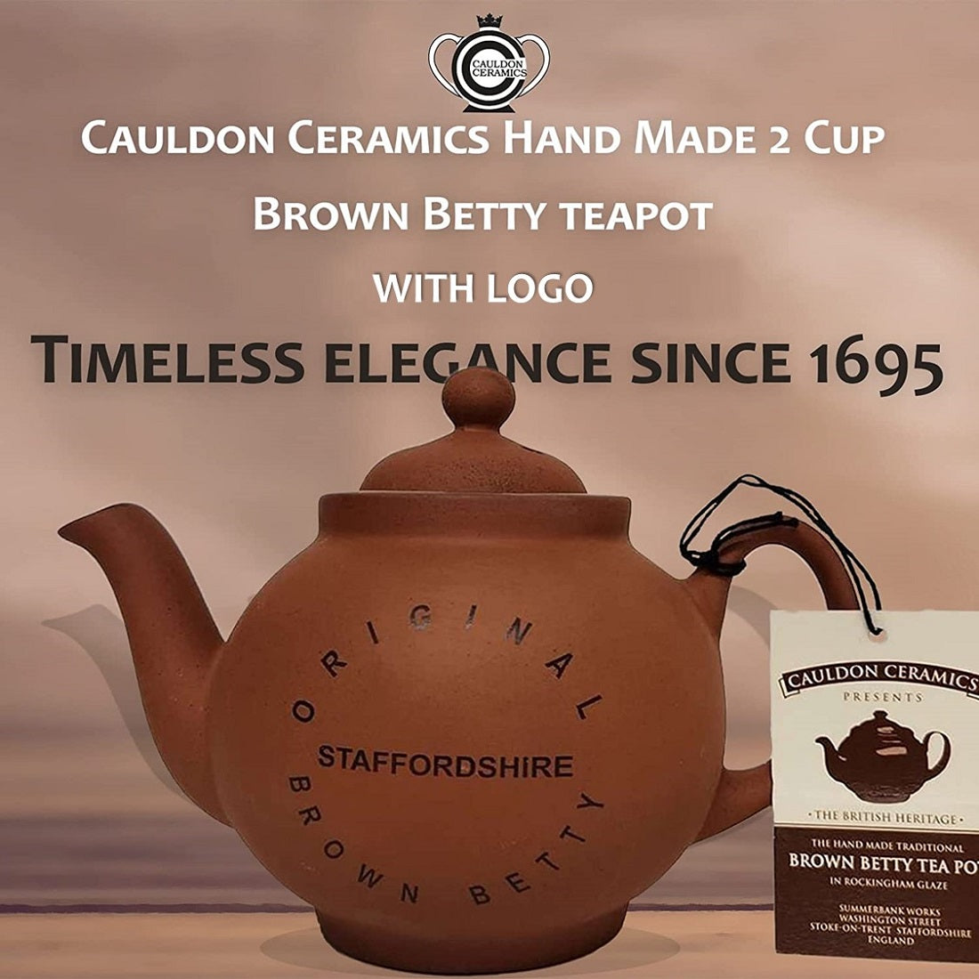 Cauldon Ceramics Traditional Handmade 2 Cup Terracotta Teapot with Logo | Made with Staffordshire Red Clay