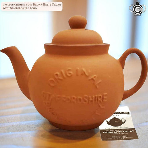 Cauldon Ceramics Traditional Hand Made 4 Cup Terracotta Teapot with Logo | Made with Staffordshire Red Clay