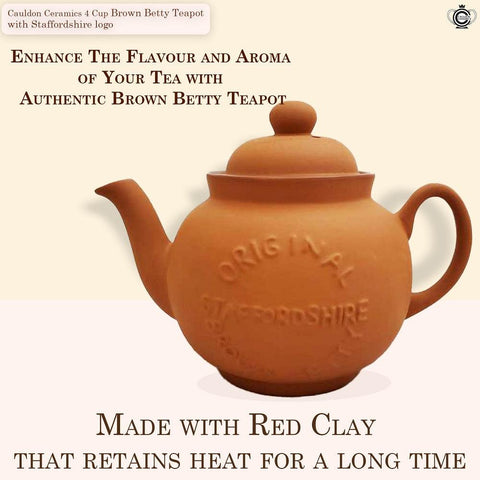 Cauldon Ceramics Traditional Hand Made 4 Cup Terracotta Teapot with Logo | Made with Staffordshire Red Clay