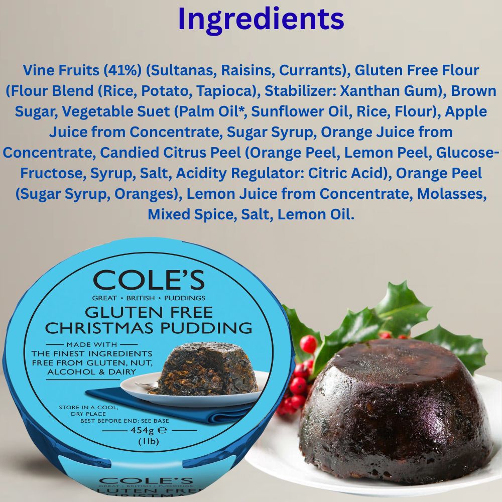 Cole's Puddings Gluten Nuts And Alcohol Free Christmas Pudding 454g