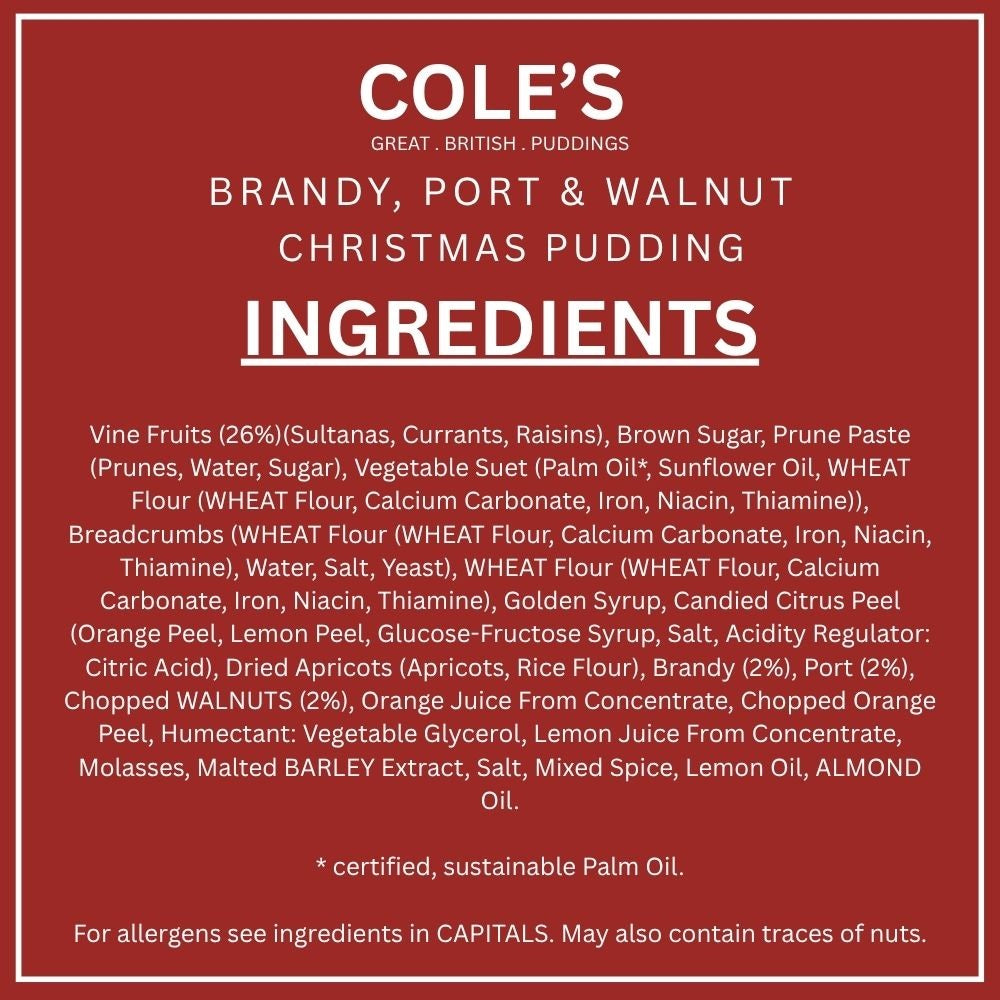 Cole's Brandy Port And Walnut Round Christmas Pudding 908g