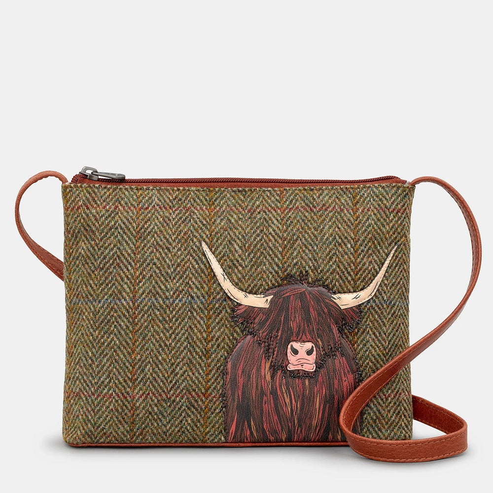 Yoshi  Highland Cow Tweed & Brown Leather Cross Body Bag