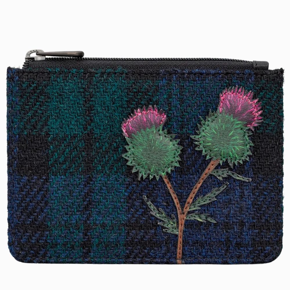 Yoshi Highland Thistle Harris Tweed & Black Leather Zip Top Purse