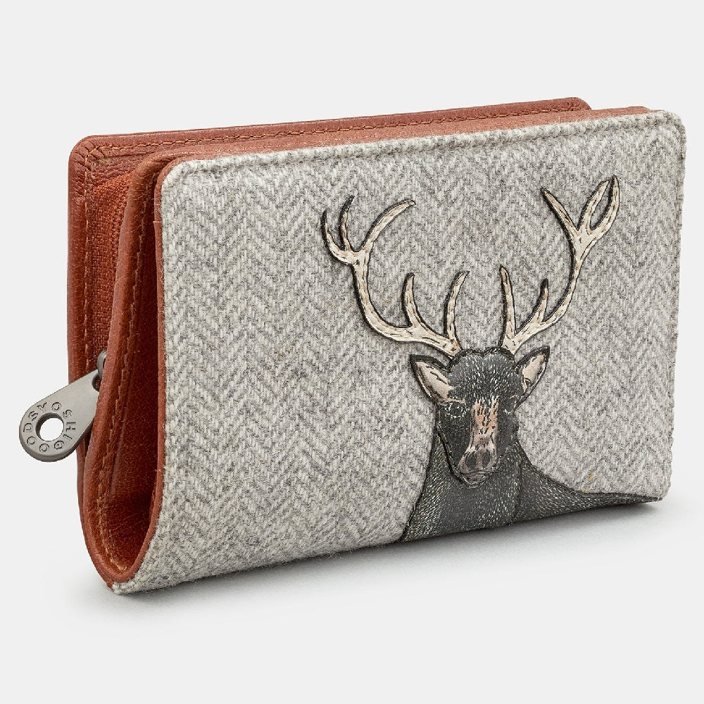 Yoshi Brown + Tweed Highland Stag Zip Around Leather Purse