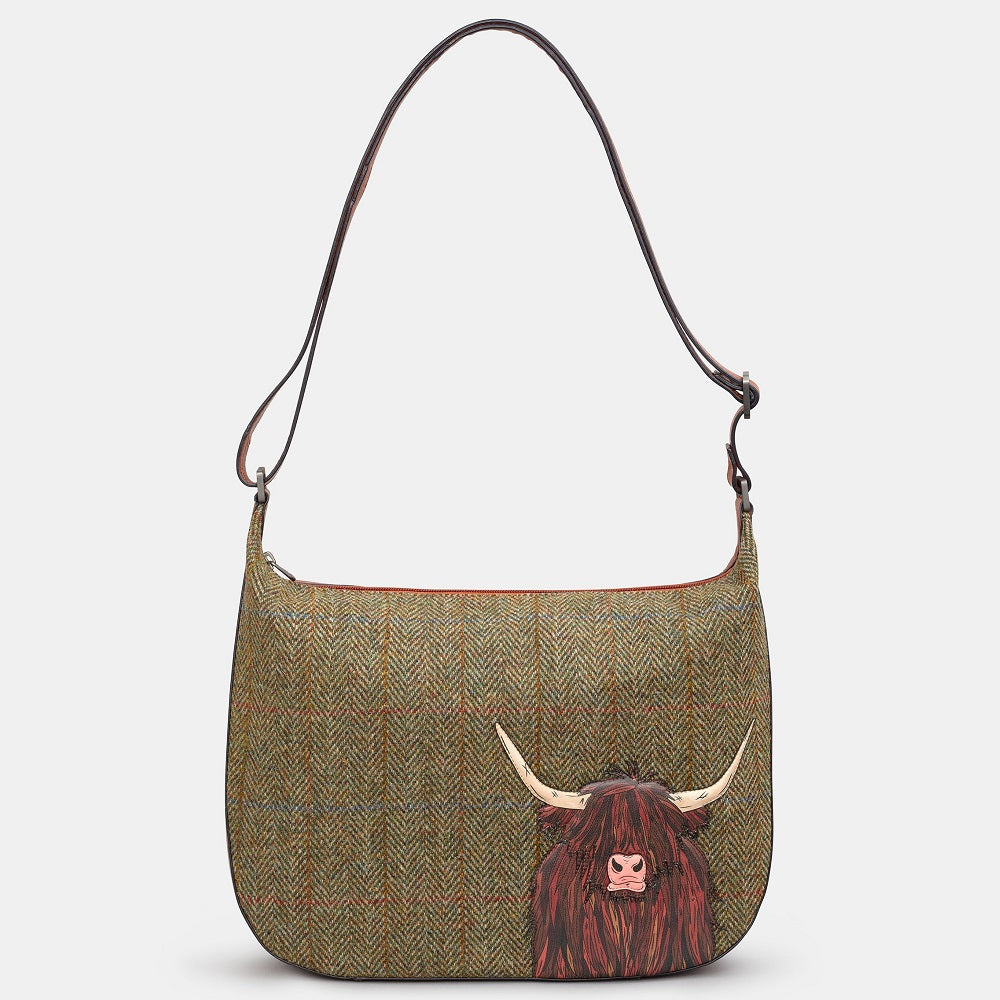 Yoshi Brown + Tweed Highland Cow Hobo Leather Bag