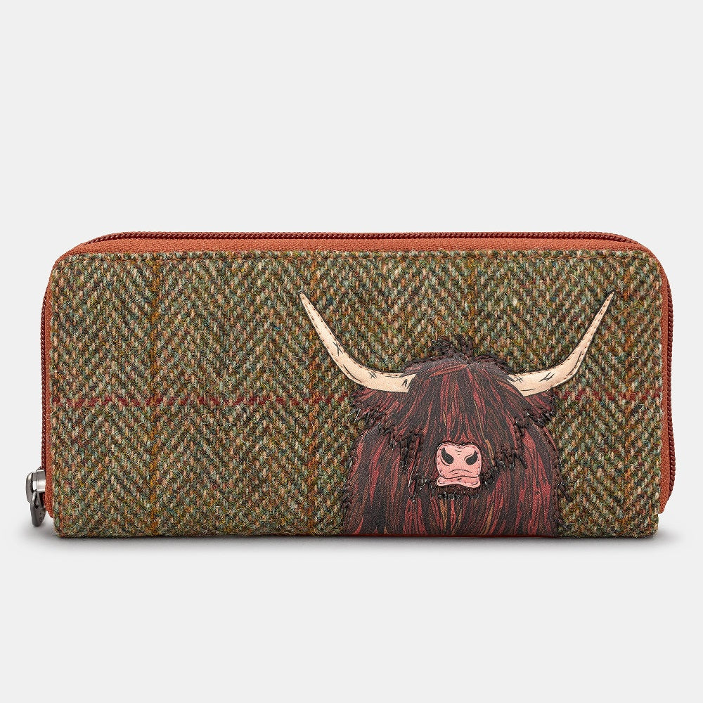 Yoshi Brown + Tweed Highland Cow Zip Around Leather Purse